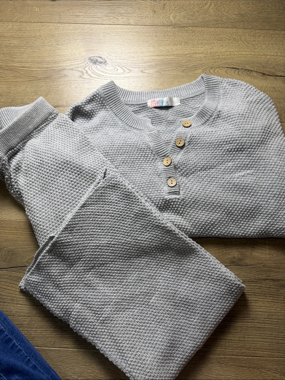 Free People Light Gray Knit wide leg pant & V-Neck Sweater w/Wooden Buttons